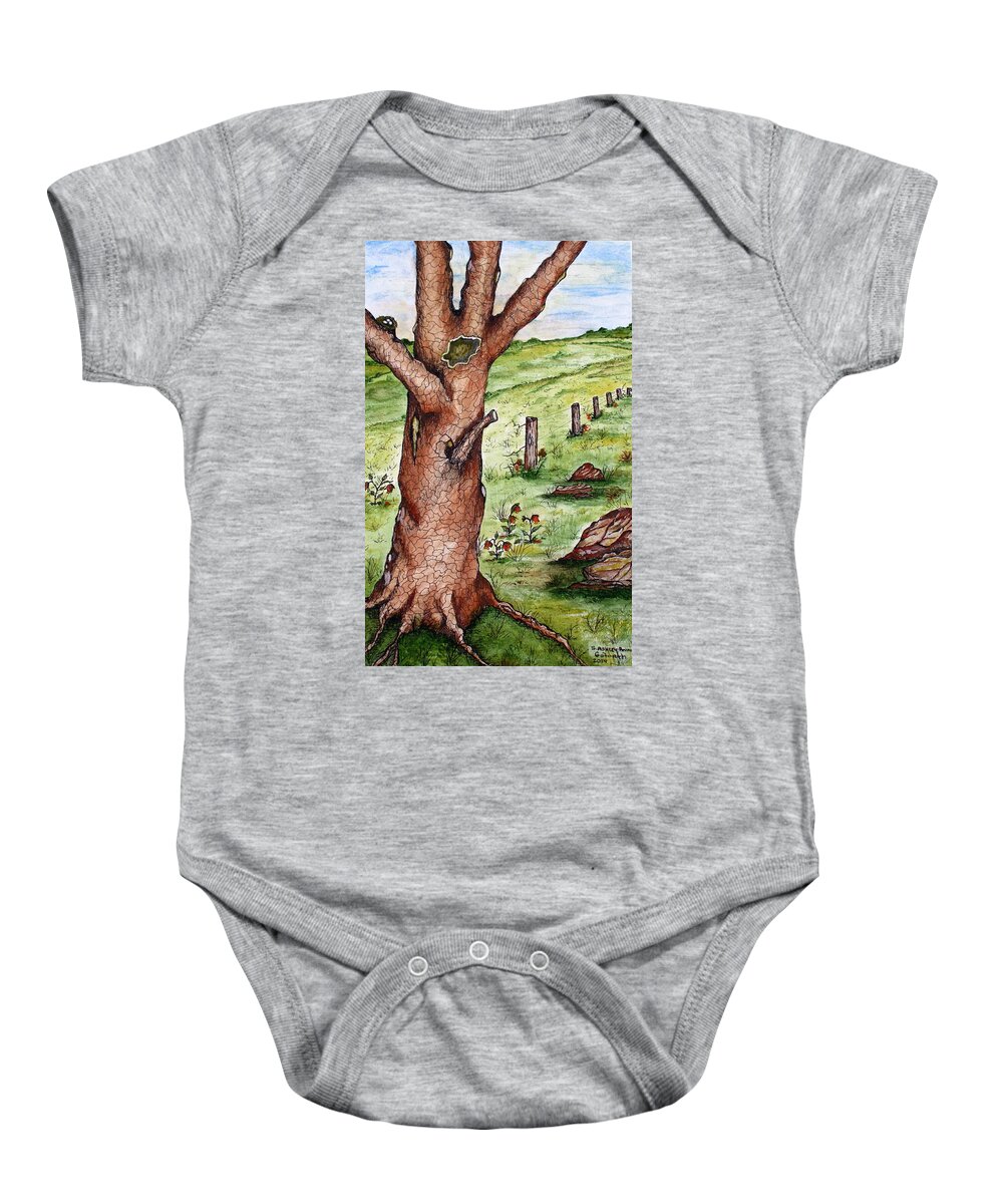 Oak Baby Onesie featuring the painting Old Oak Tree with Birds' Nest by Ashley Goforth