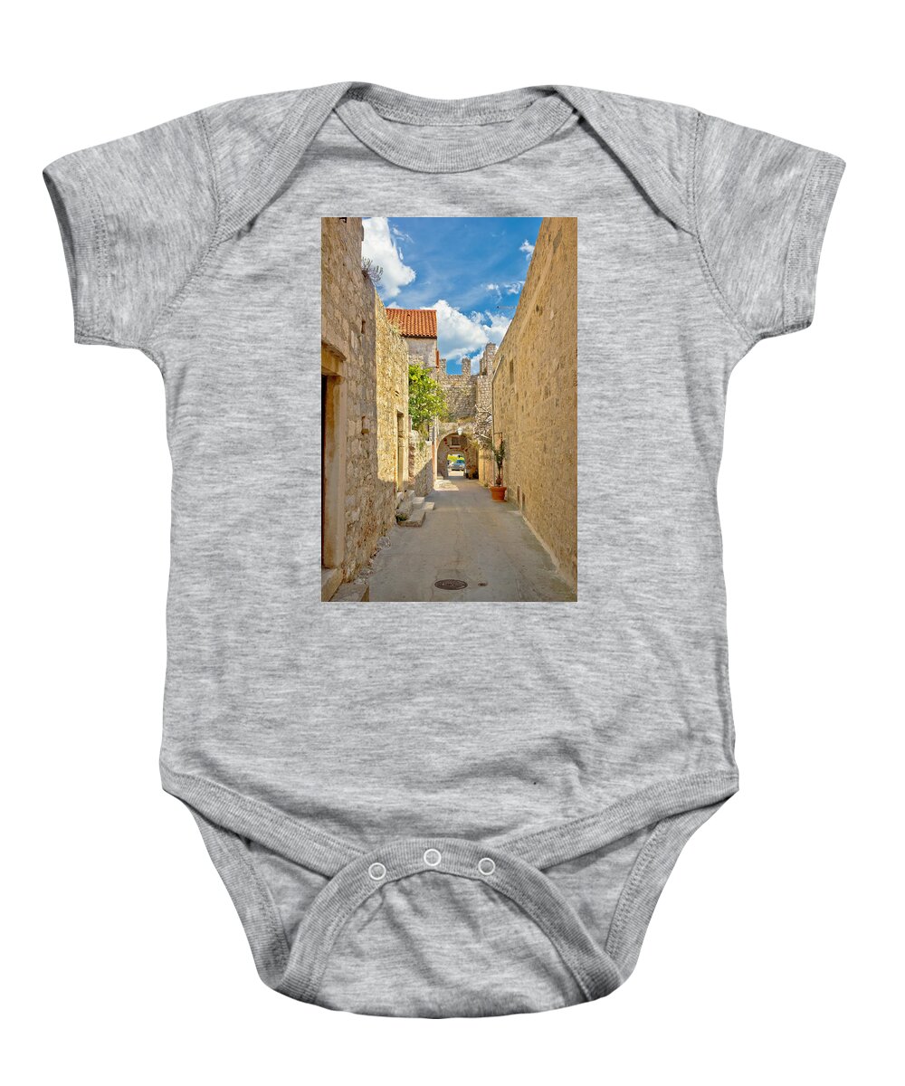 Hvar Baby Onesie featuring the photograph Old stone narrow street of Hvar by Brch Photography