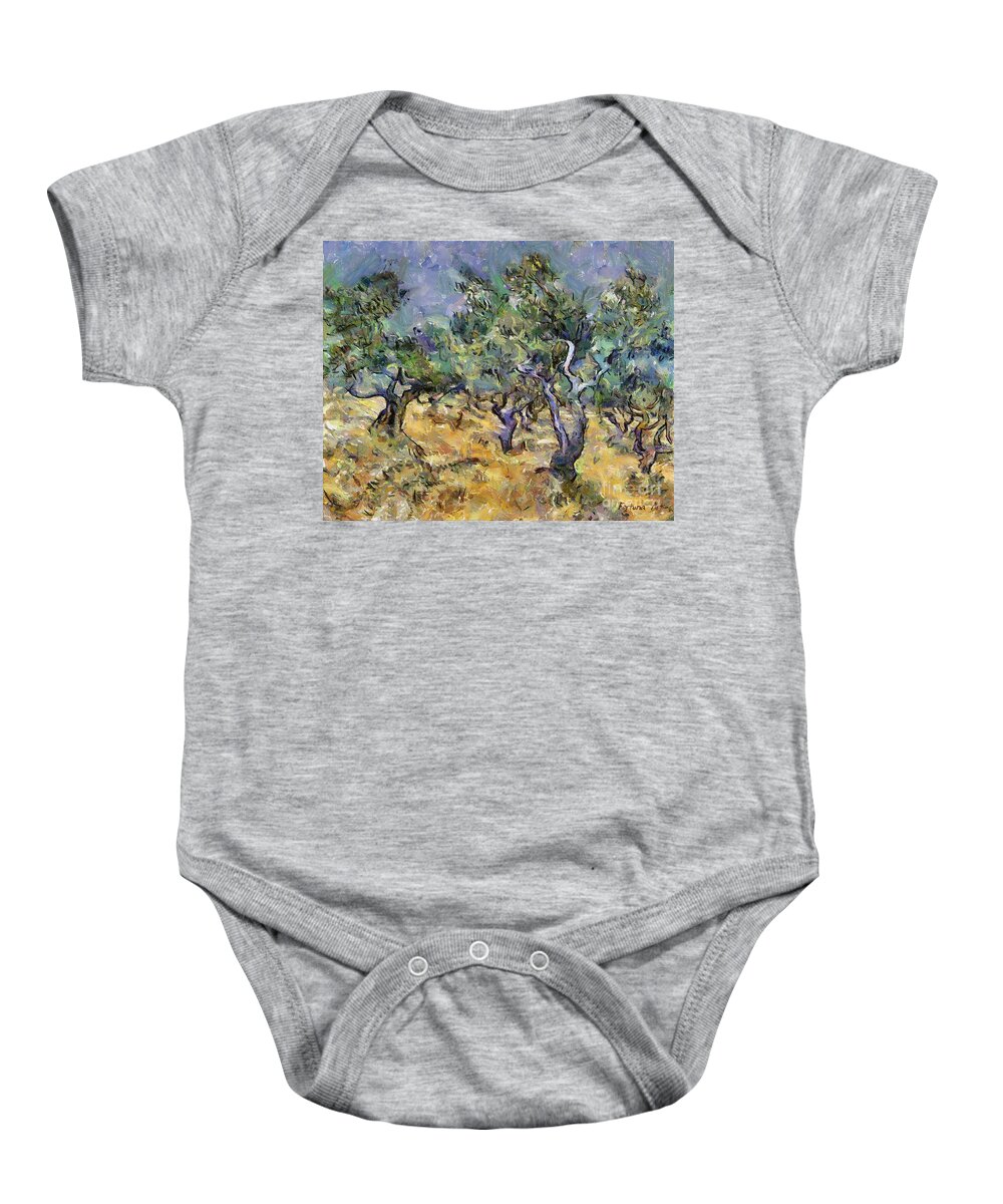Van Gogh Baby Onesie featuring the painting Olive Grove in Autumn After Van Gogh by Dragica Micki Fortuna
