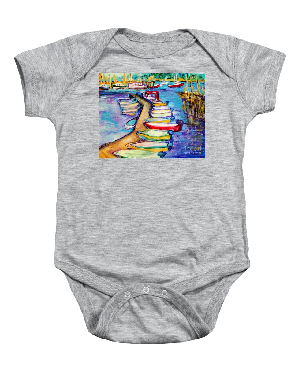 Sailboard Baby Onesie featuring the painting On The Boardwalk by Helena Bebirian
