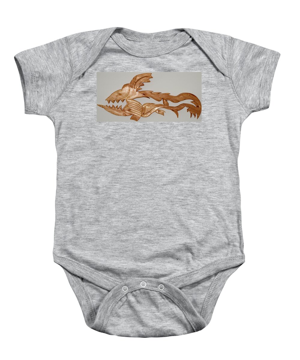 Extinct Fish Baby Onesie featuring the sculpture One Hungry Fish by Robert Margetts