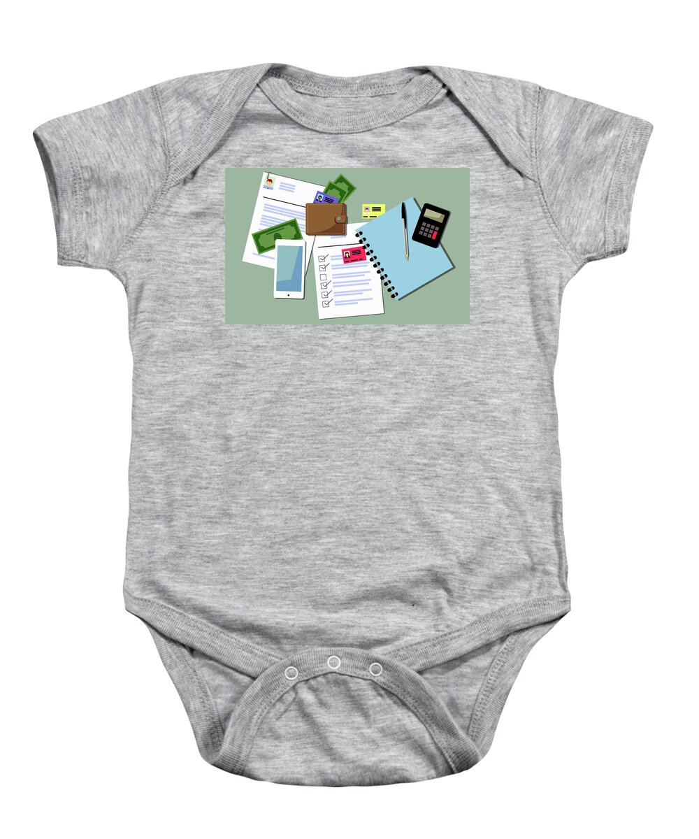 Adult Baby Onesie featuring the photograph Overhead View Of Personnel Managers Desk by Ikon Images