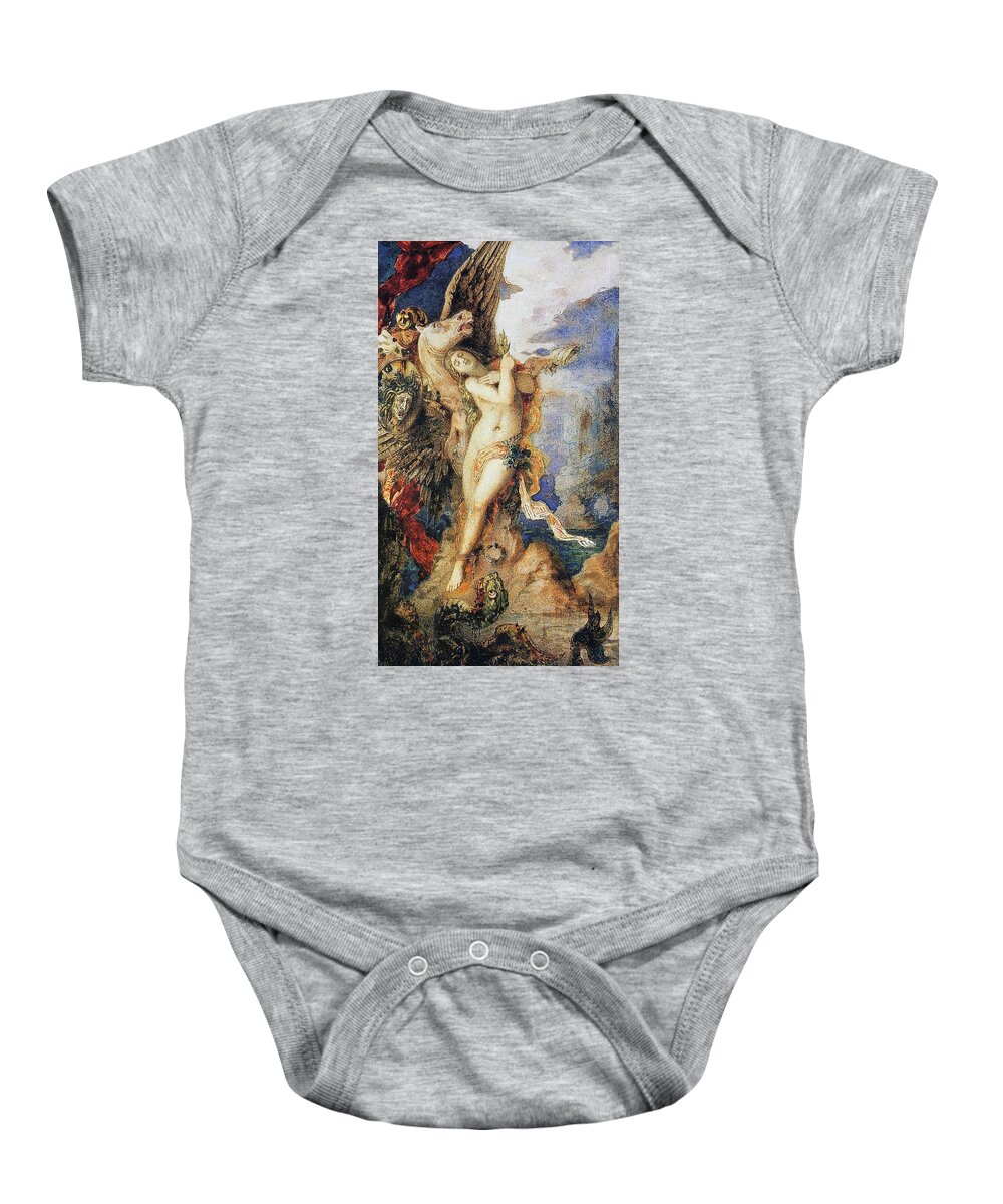 Mythological; Mythology; Greek Myth; Female; Nude; Sacrifice; Chained; Tied; Rock; Sea Monster; Beast; Dragon; Serpent; Rescue; Rescuing; Saving; Male; Pegasus; Horse; Wings; Winged; Shield; Head; Gorgon; Medusa; Rocks; Rocky; Hero; Lovers Baby Onesie featuring the painting Perseus and Andromeda by Gustave Moreau