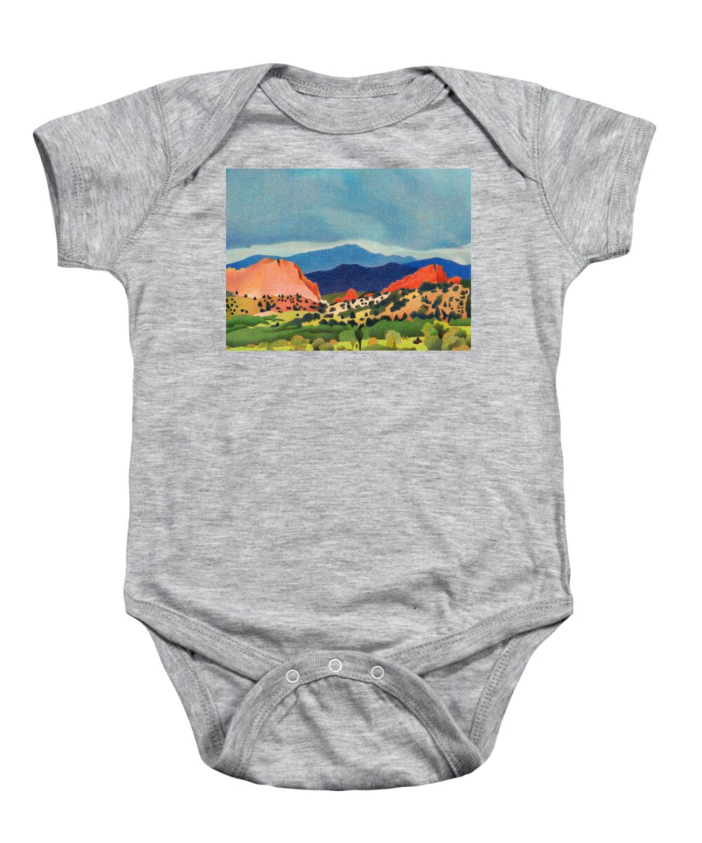 Mountains Baby Onesie featuring the drawing Garden of the Gods Pikes Peak by Dan Miller