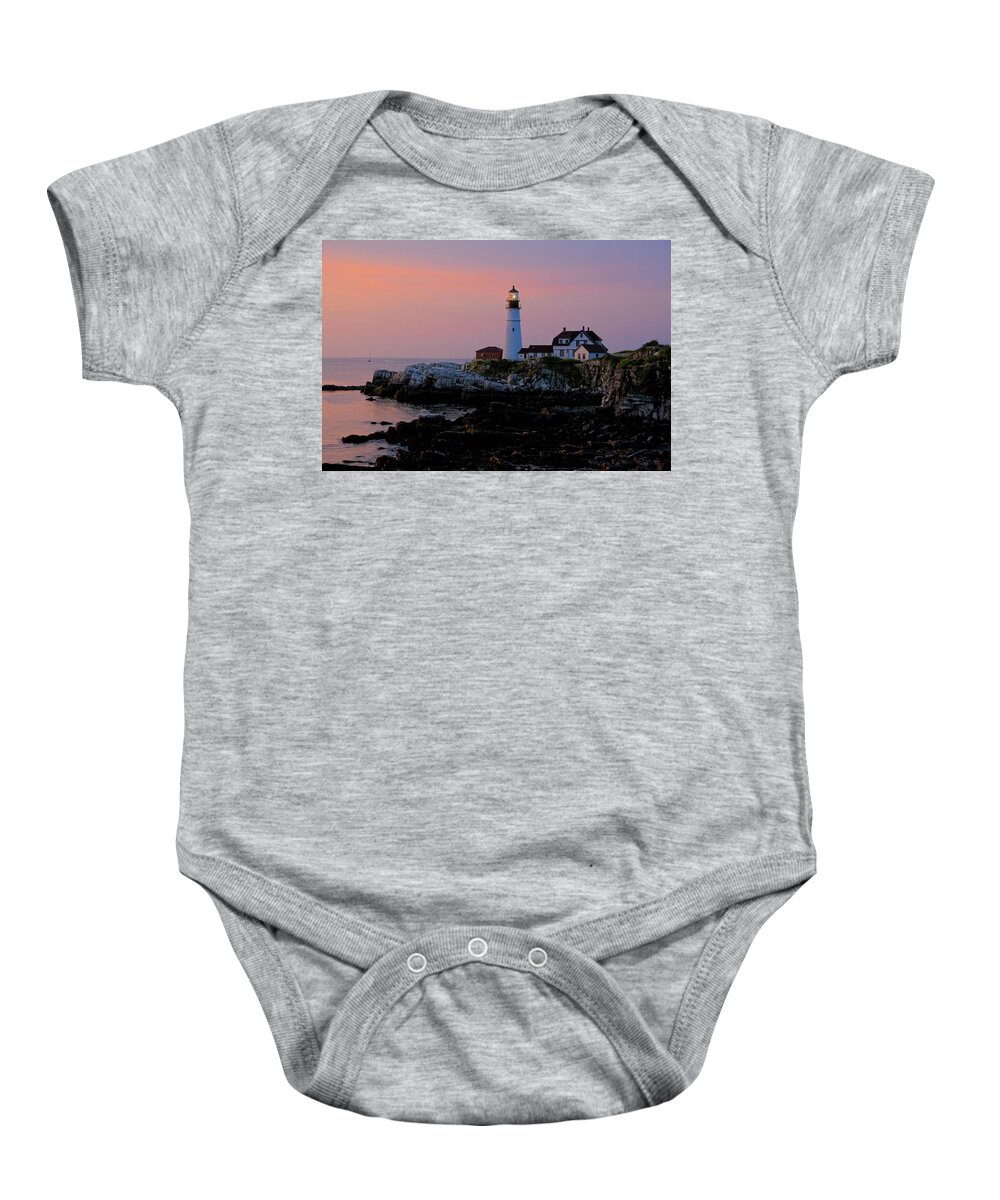 Portland Head Lighthouse Baby Onesie featuring the photograph Portland Head Lighthouse At Daybreak by Liz Mackney