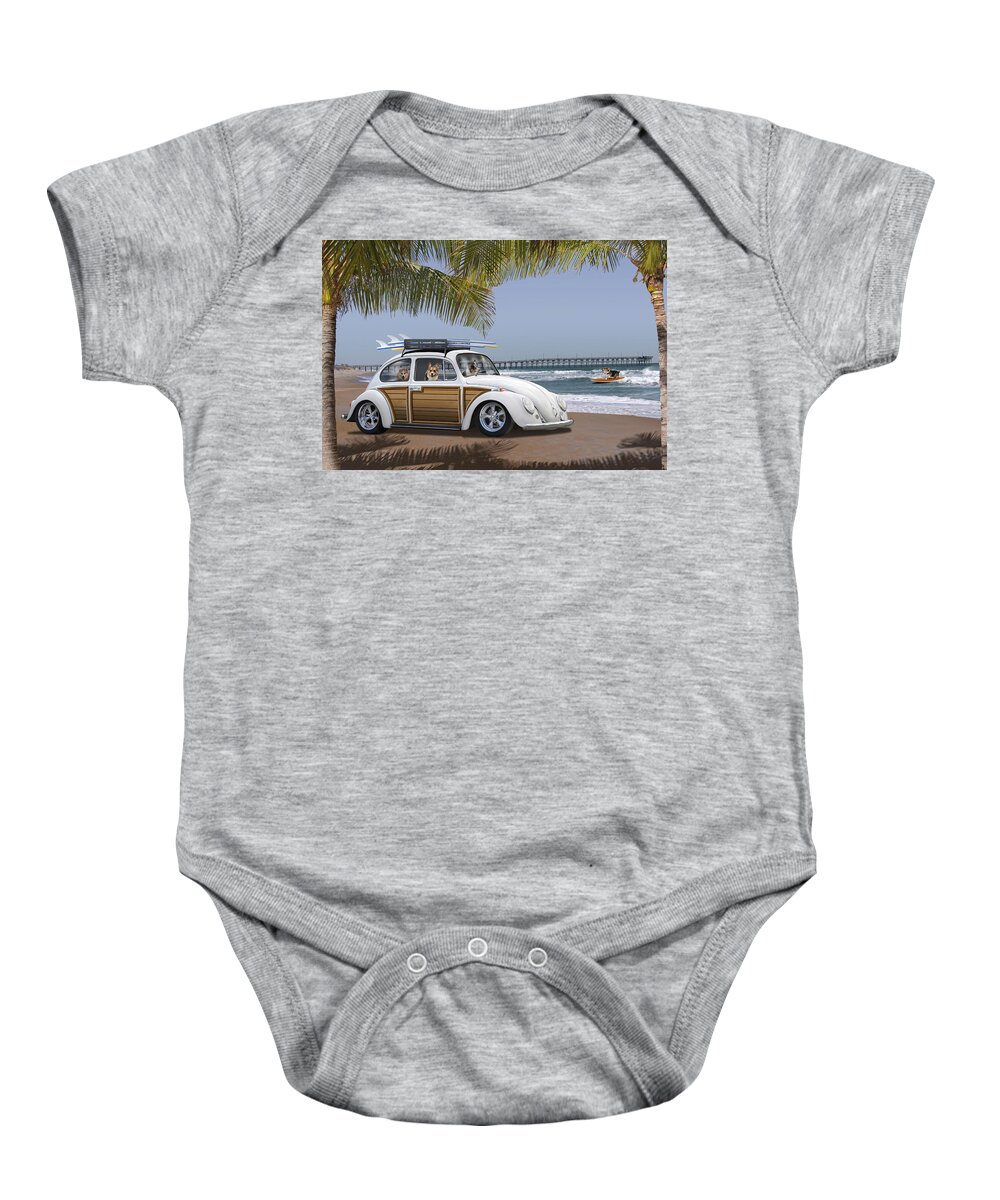 Dogs Baby Onesie featuring the photograph Postcards from Otis - Beach Corgis by Mike McGlothlen