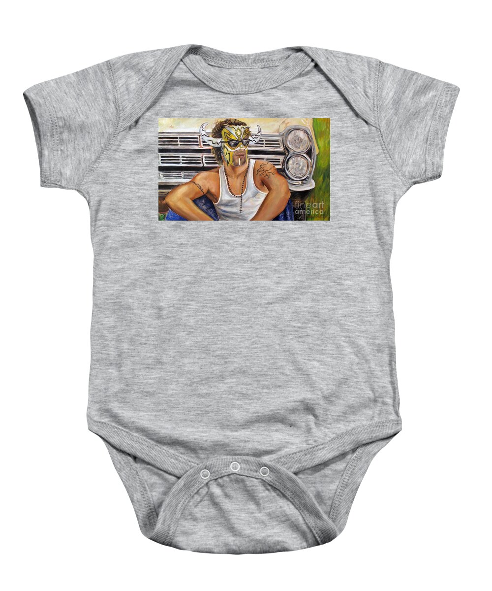 Psicosis Baby Onesie featuring the painting Psicosis religiosa by Nancy Almazan