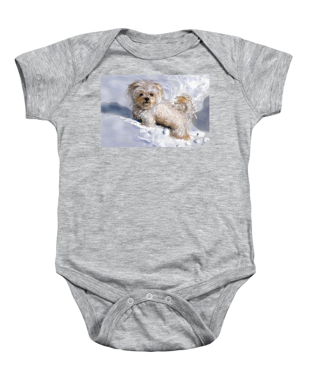 Puppy Baby Onesie featuring the painting Puppy in Snow by Angie Braun