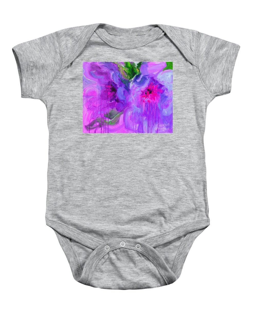 Abstract Flowers Art Baby Onesie featuring the painting Purple Abstract peonies flowers painting by Svetlana Novikova