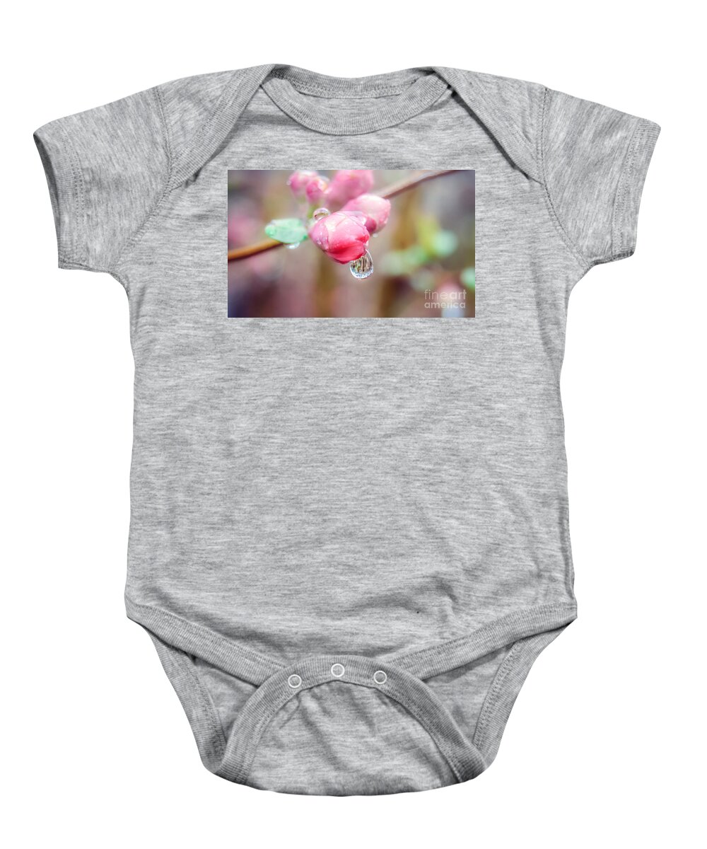  Water Drop On Flower Baby Onesie featuring the photograph Raindrops on Pink Beauty by Peggy Franz