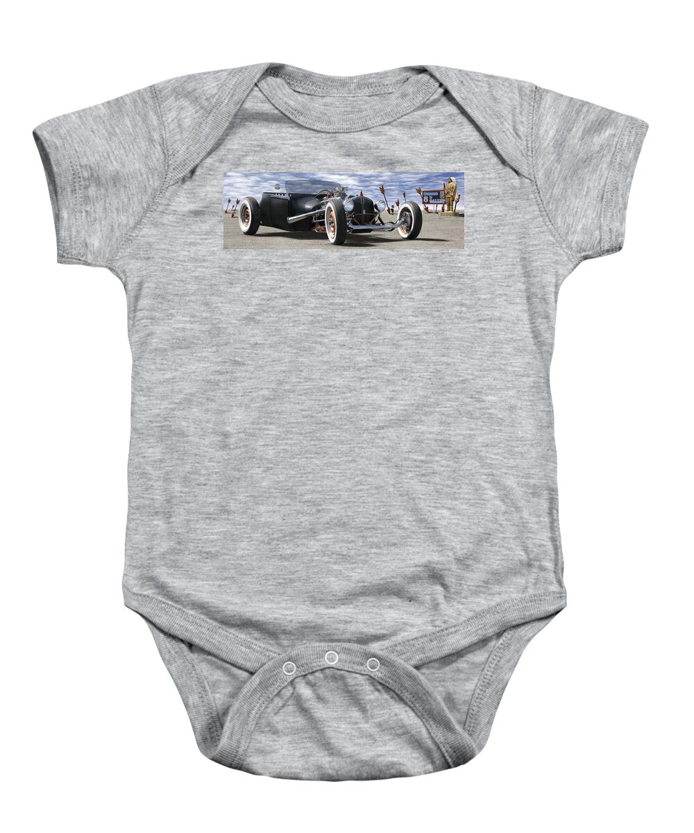 Transportation Baby Onesie featuring the photograph Rat Rod On Route 66 2 Panoramic by Mike McGlothlen