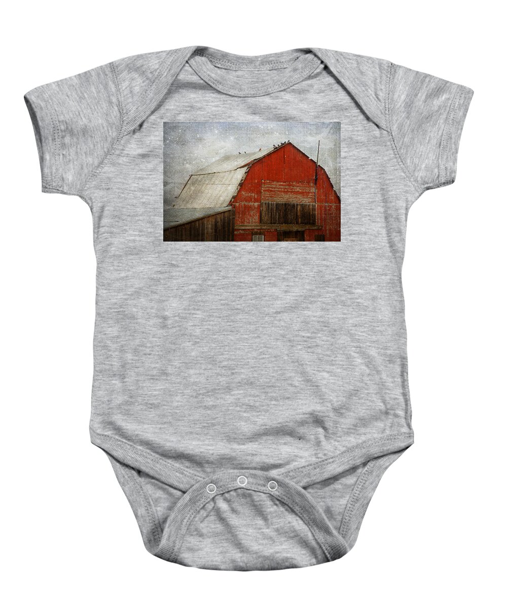Barn Baby Onesie featuring the photograph Red Barn And First Snow by Theresa Tahara