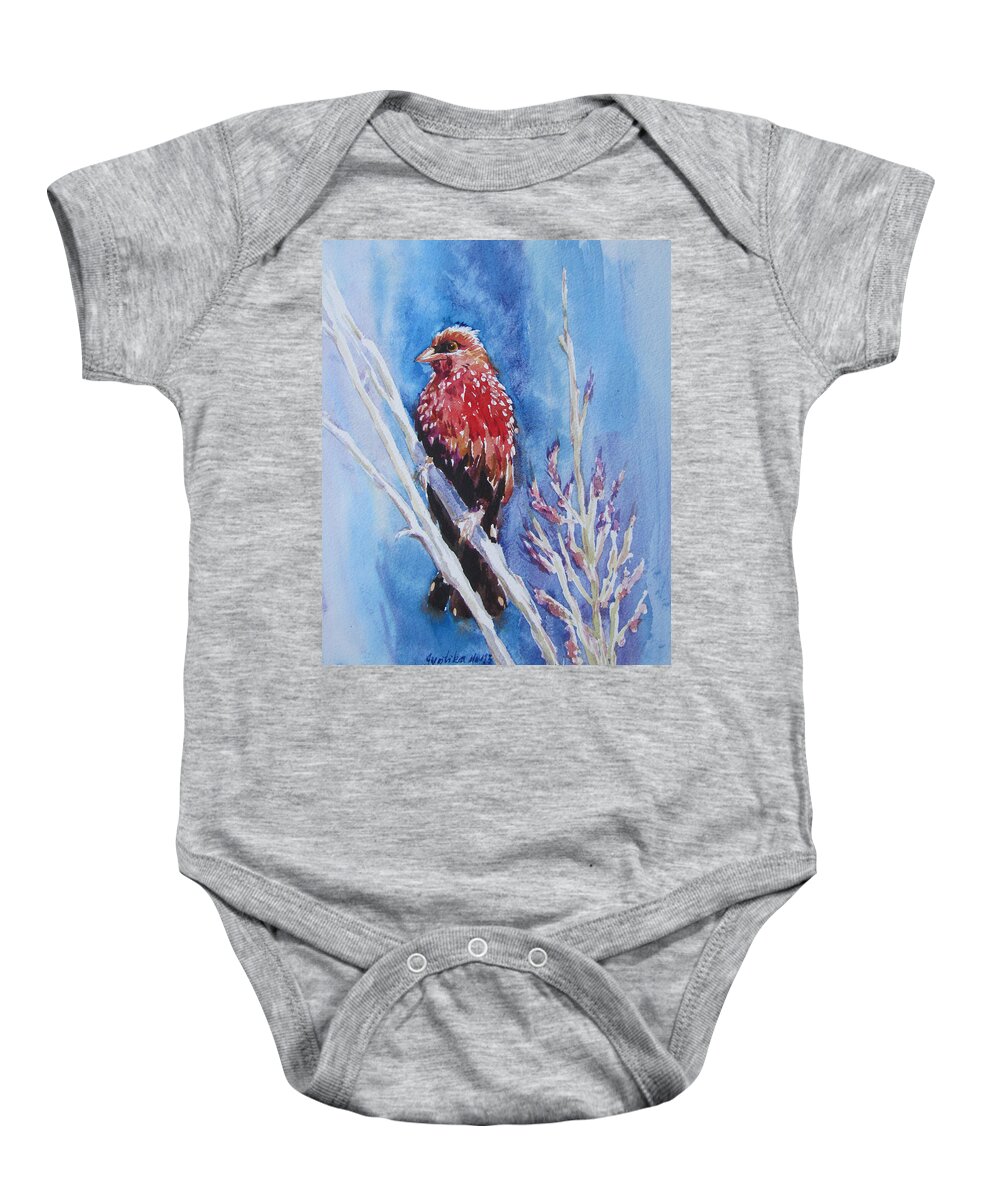 Bird Baby Onesie featuring the painting The Red Bird with pink flowers by Jyotika Shroff
