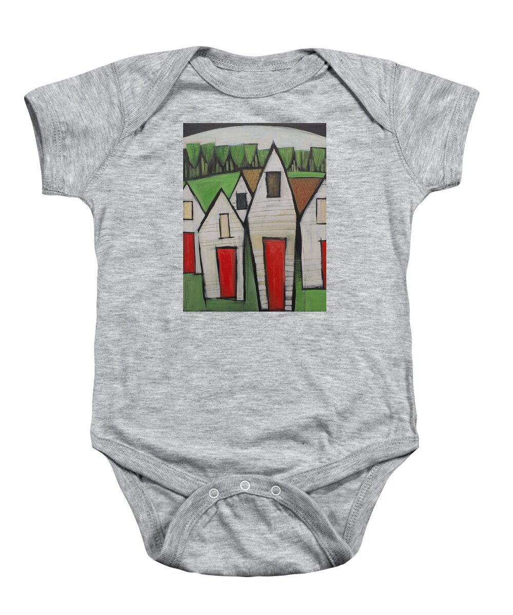 Landscape Baby Onesie featuring the painting Red Doors by Tim Nyberg