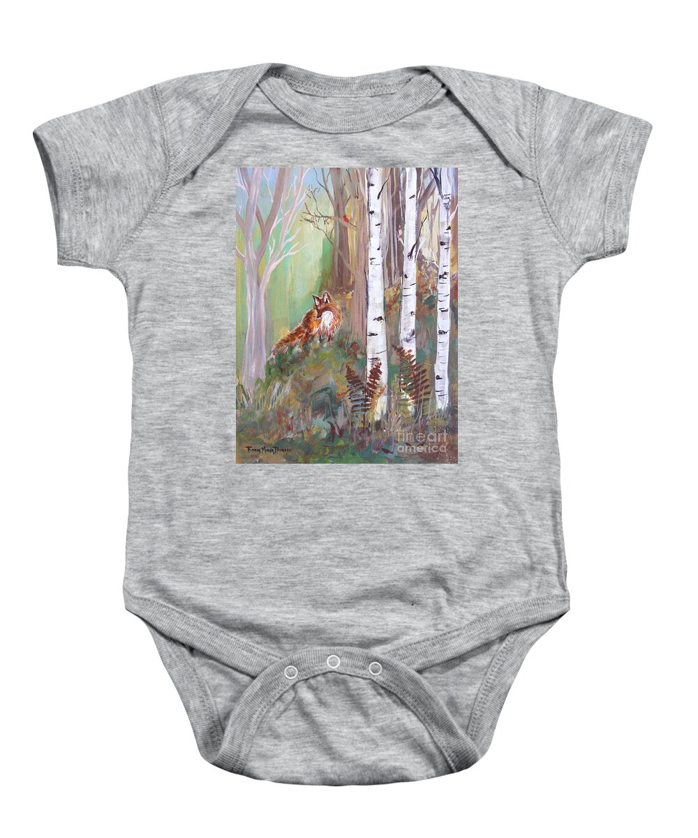 Red Fox Baby Onesie featuring the painting Red Fox and Cardinals by Robin Pedrero