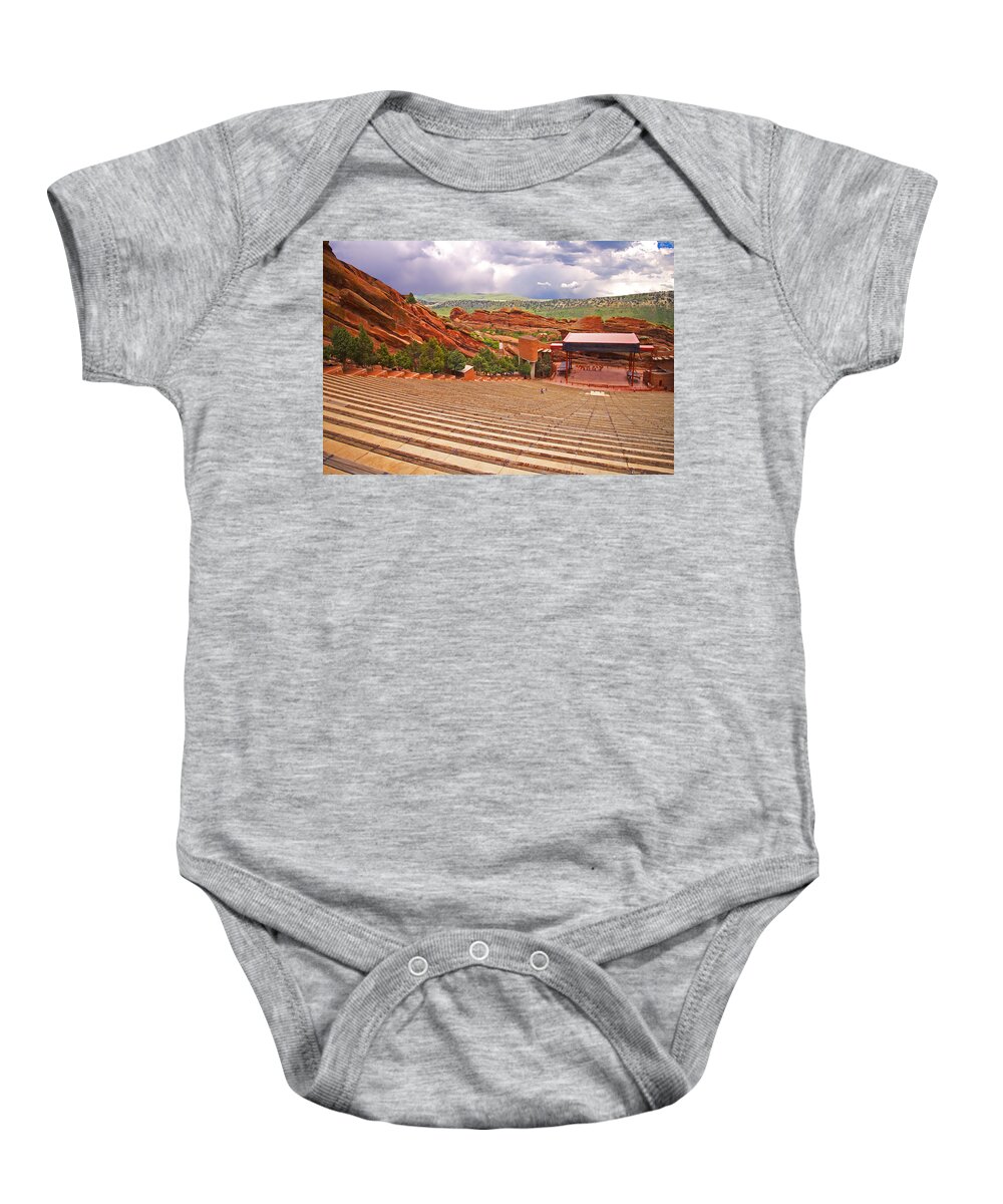 Colorado Baby Onesie featuring the photograph Red Rocks Park Amphitheater - left side by Rich Walter