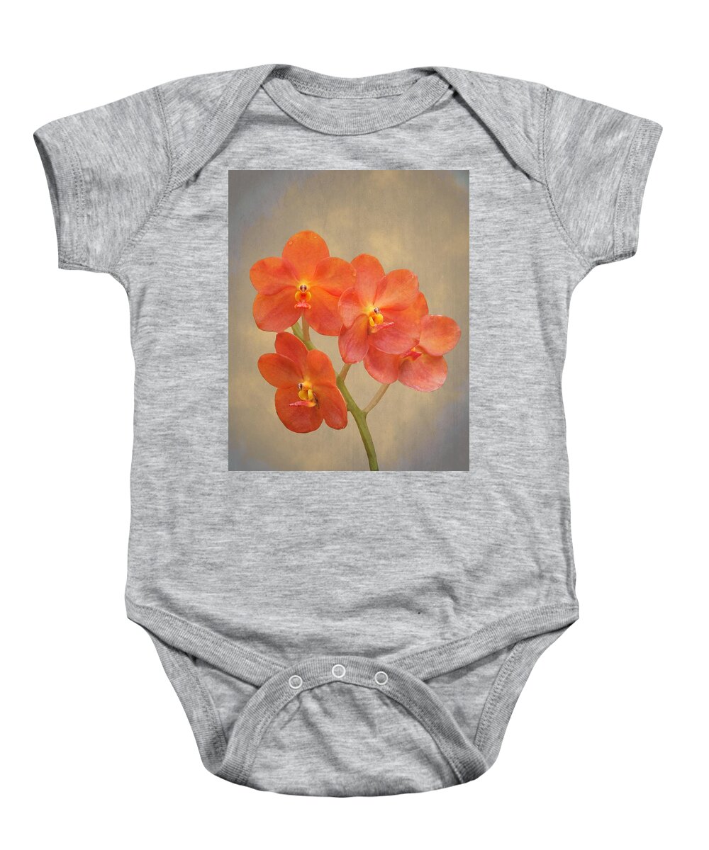 Red Baby Onesie featuring the photograph Red Scarlet Orchid on grunge by Rudy Umans