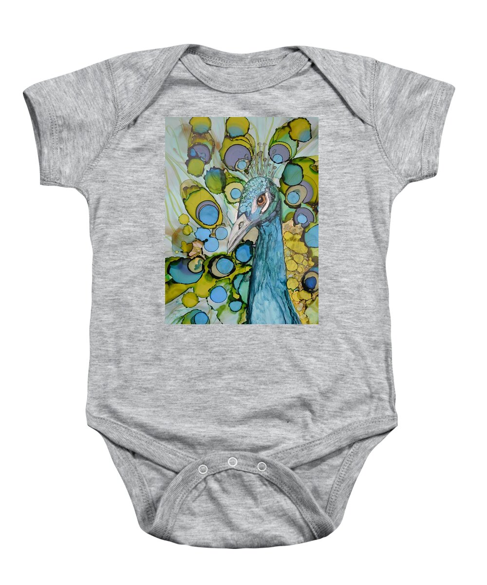 Peacock Baby Onesie featuring the painting Renewal by Kellie Chasse
