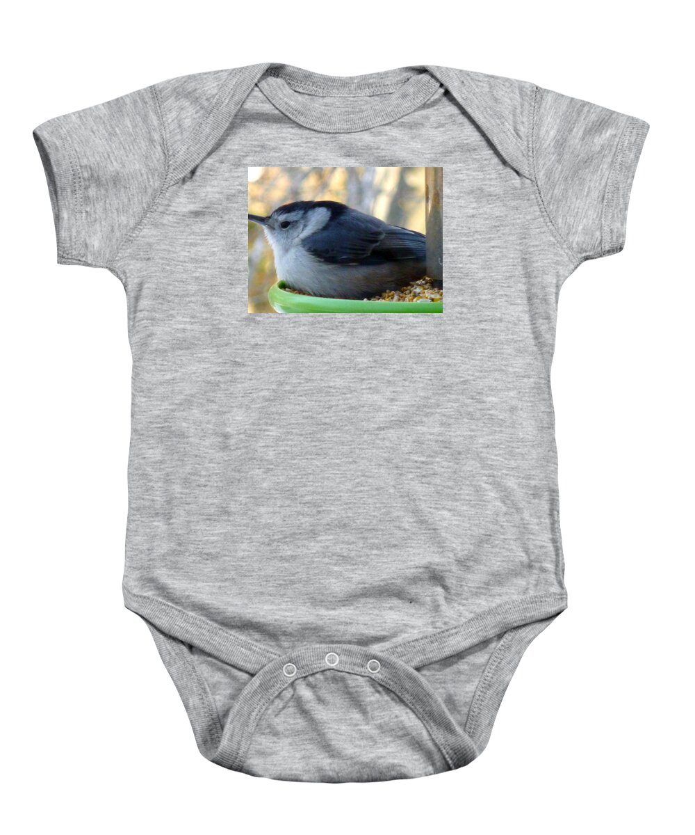  Animal Aves Bird Down Feathers Frisbee Grey Green Seeds Feeder Shadows Black Baby Onesie featuring the photograph Resting Nuthatch by Jerry White
