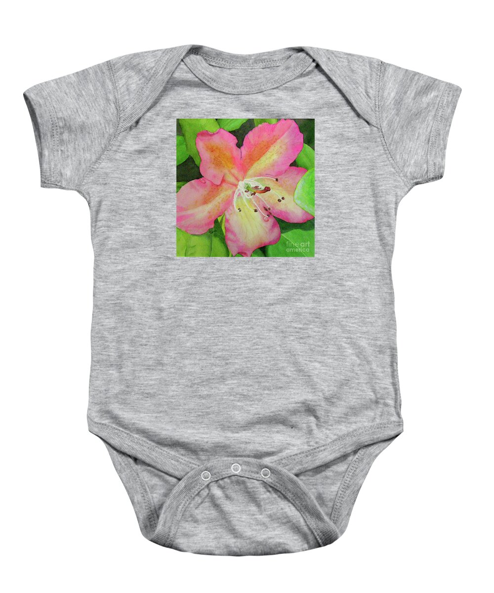 Flower Baby Onesie featuring the painting Rhodie with Dew II by Lynn Quinn