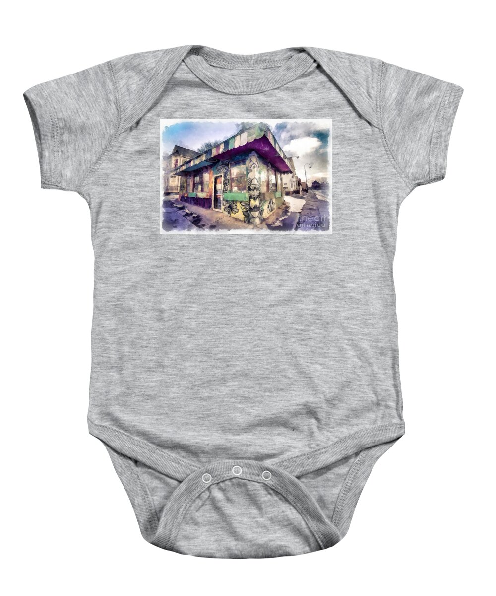 Vermont Baby Onesie featuring the photograph Riding High Skateboard Shop Watercolor by Edward Fielding