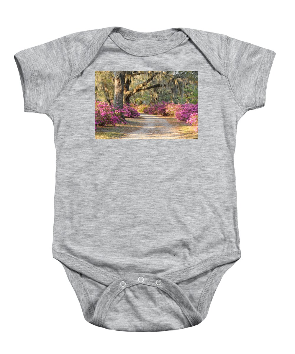 Road Baby Onesie featuring the photograph Road with live oaks and azaleas by Bradford Martin