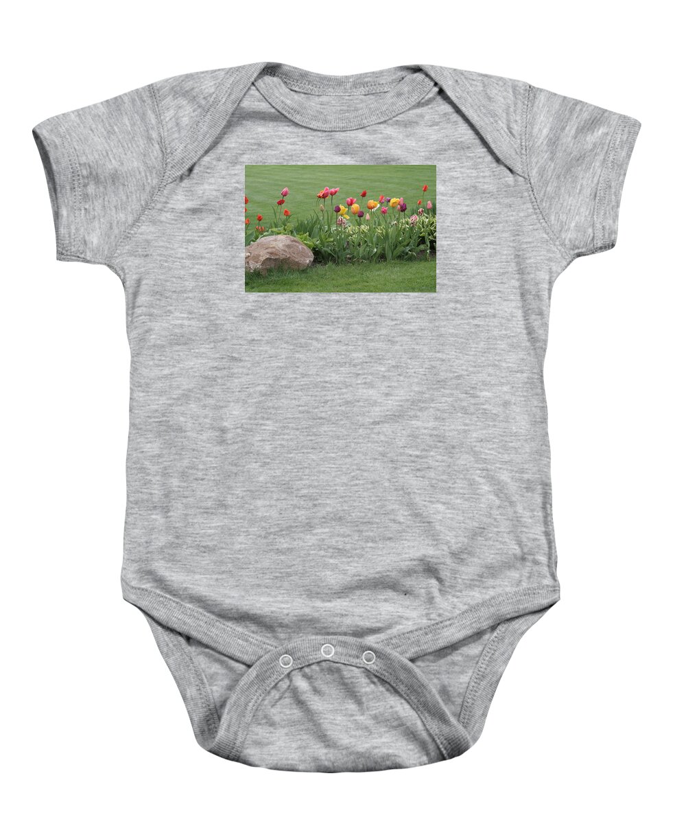 Tulips Baby Onesie featuring the photograph Tulip and Hosta Garden by Valerie Collins