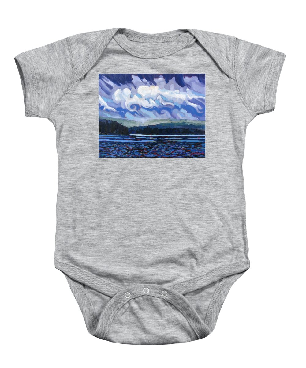 Chadwick Baby Onesie featuring the painting Round Lake Thunderstorm by Phil Chadwick