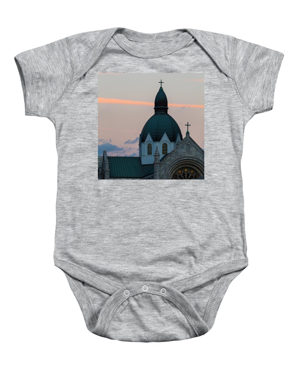 Architectural Features Baby Onesie featuring the photograph Sacred Heart at Sundown by Ed Gleichman