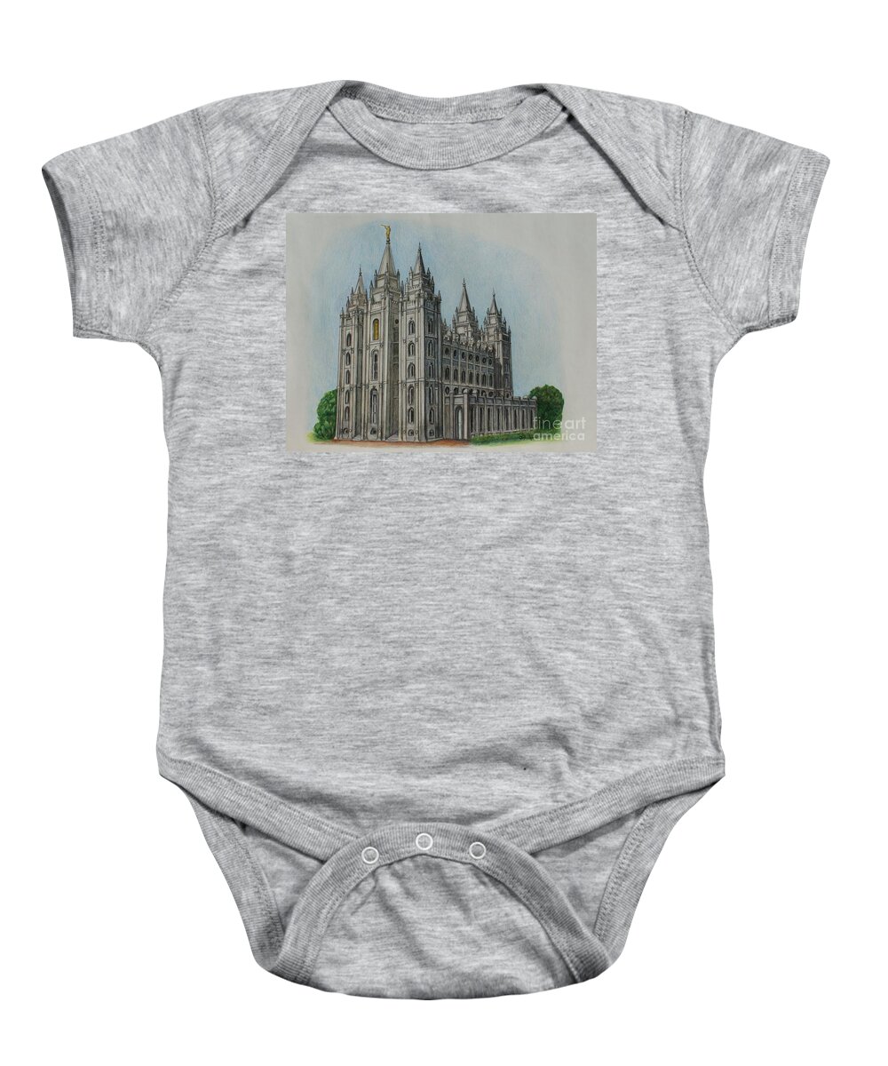 Lds Baby Onesie featuring the drawing Salt Lake City Temple I by Christine Jepsen