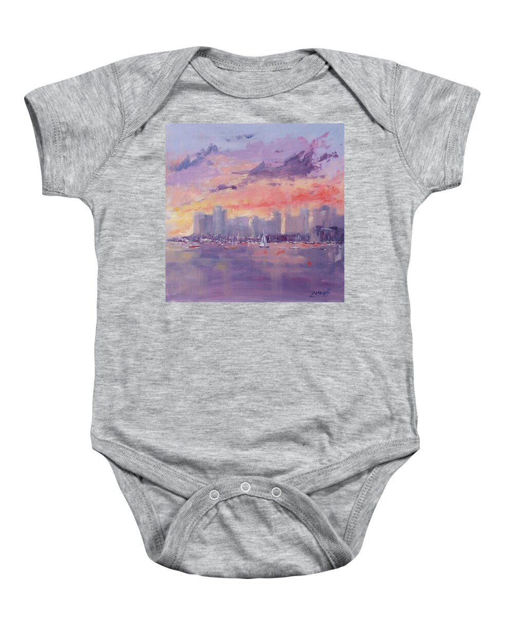 City Baby Onesie featuring the painting Setting Sun over Boston by Laura Lee Zanghetti