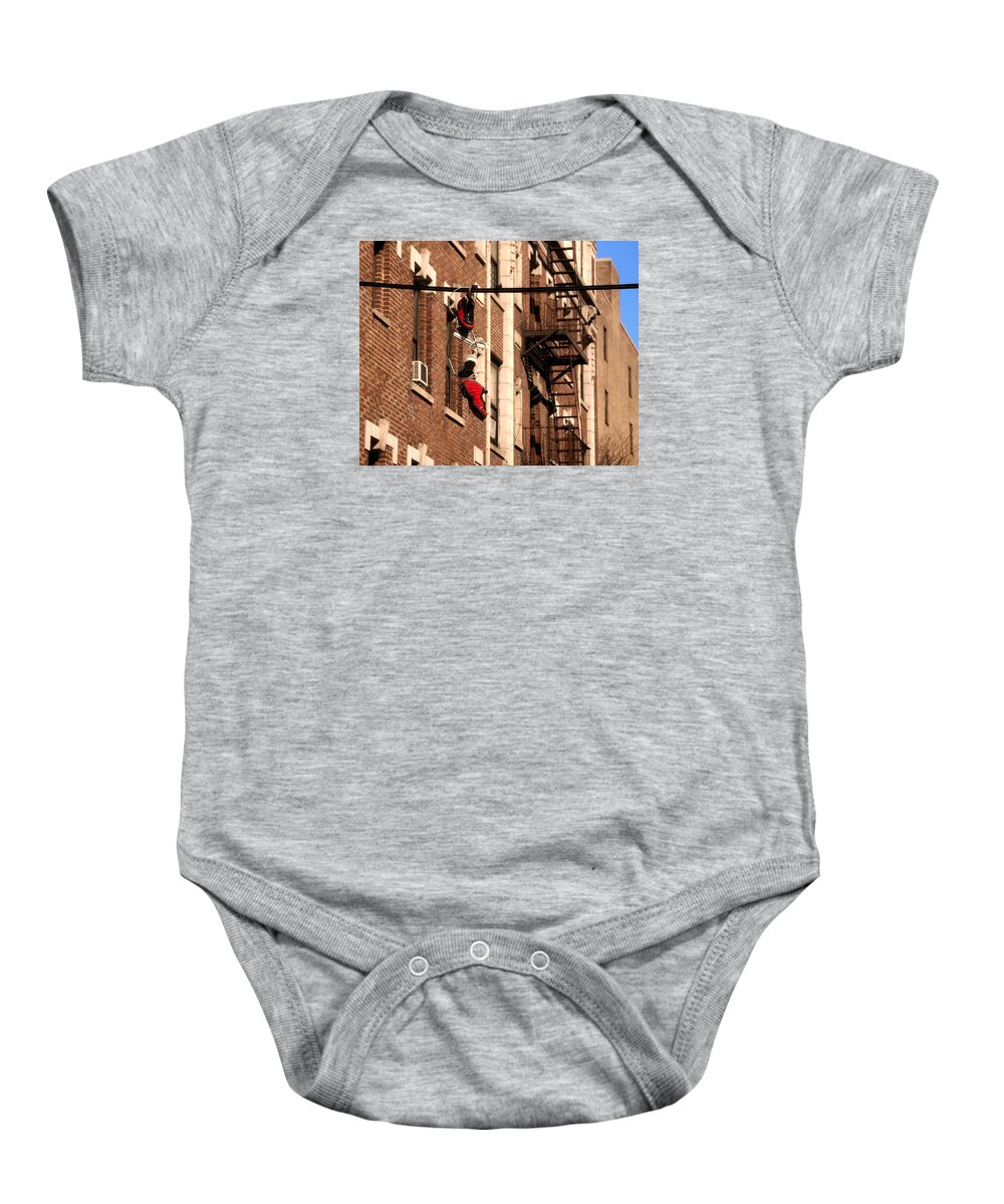 Newyork08 Baby Onesie featuring the photograph Shoes hanging by RicardMN Photography