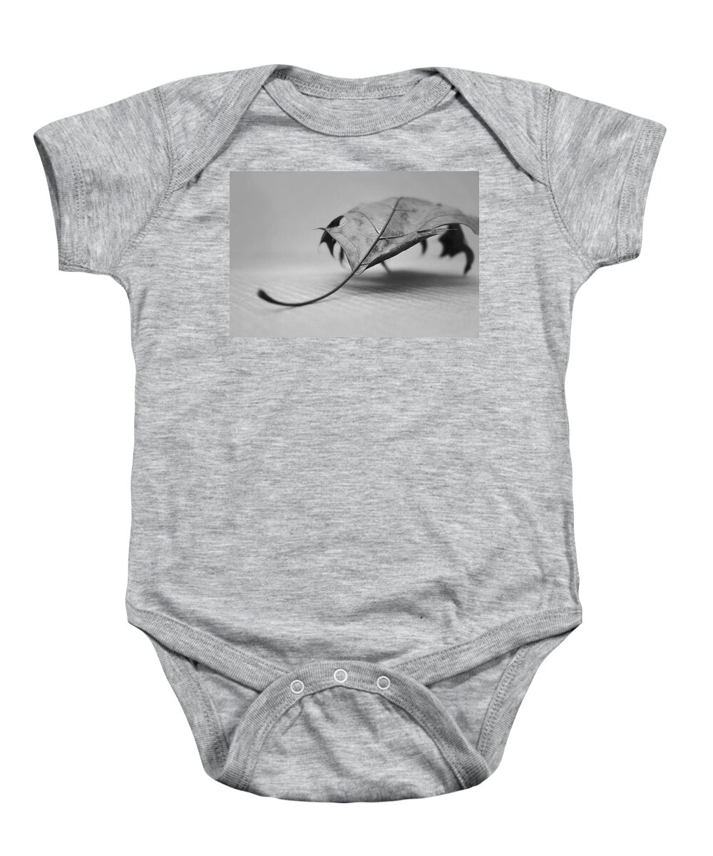 Kelly Baby Onesie featuring the photograph Single Leave in Black and White 2 by Kelly Hazel