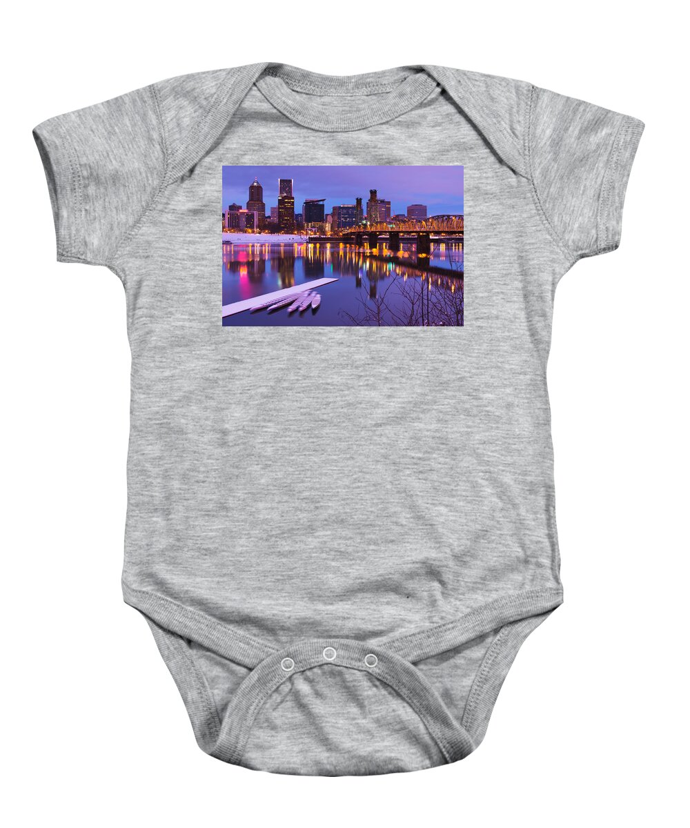 Portland Oregon Downtown Waterfront Cityscape Landscape Dock River Willamette Sunrise Pre Before Winter Snow Snowfall Horizontal Baby Onesie featuring the photograph Snow Day by Patrick Campbell