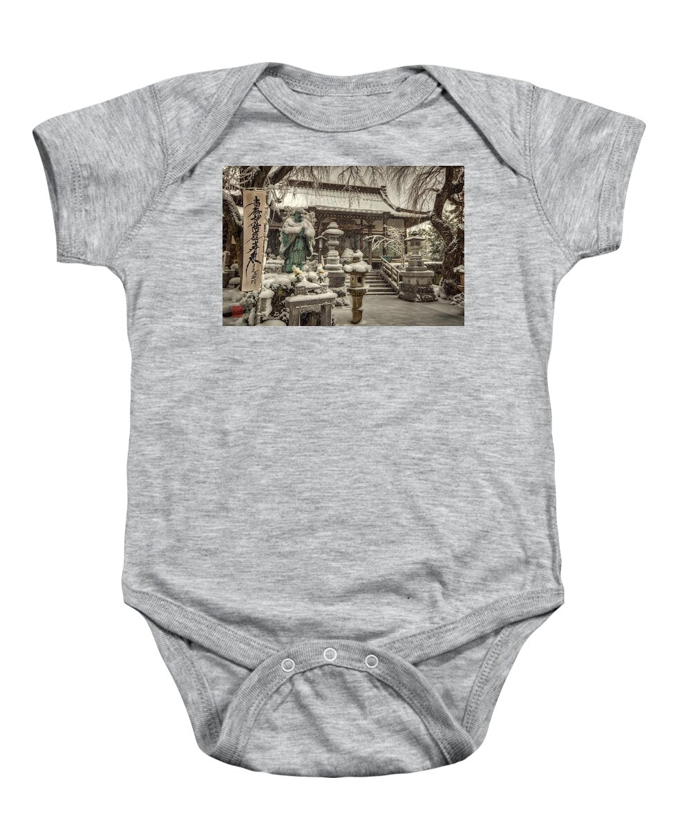 Japan Traditional Asian Lantern Festival Holiday Chinese Red Asia Japanese East Ornament Hang Celebrate China Culture New Celebration Decoration Light Carnival Illuminated Scarlet Nobody Round Ethnic Year Spring Festive Ornate Baby Onesie featuring the photograph Snowy Temple by John Swartz