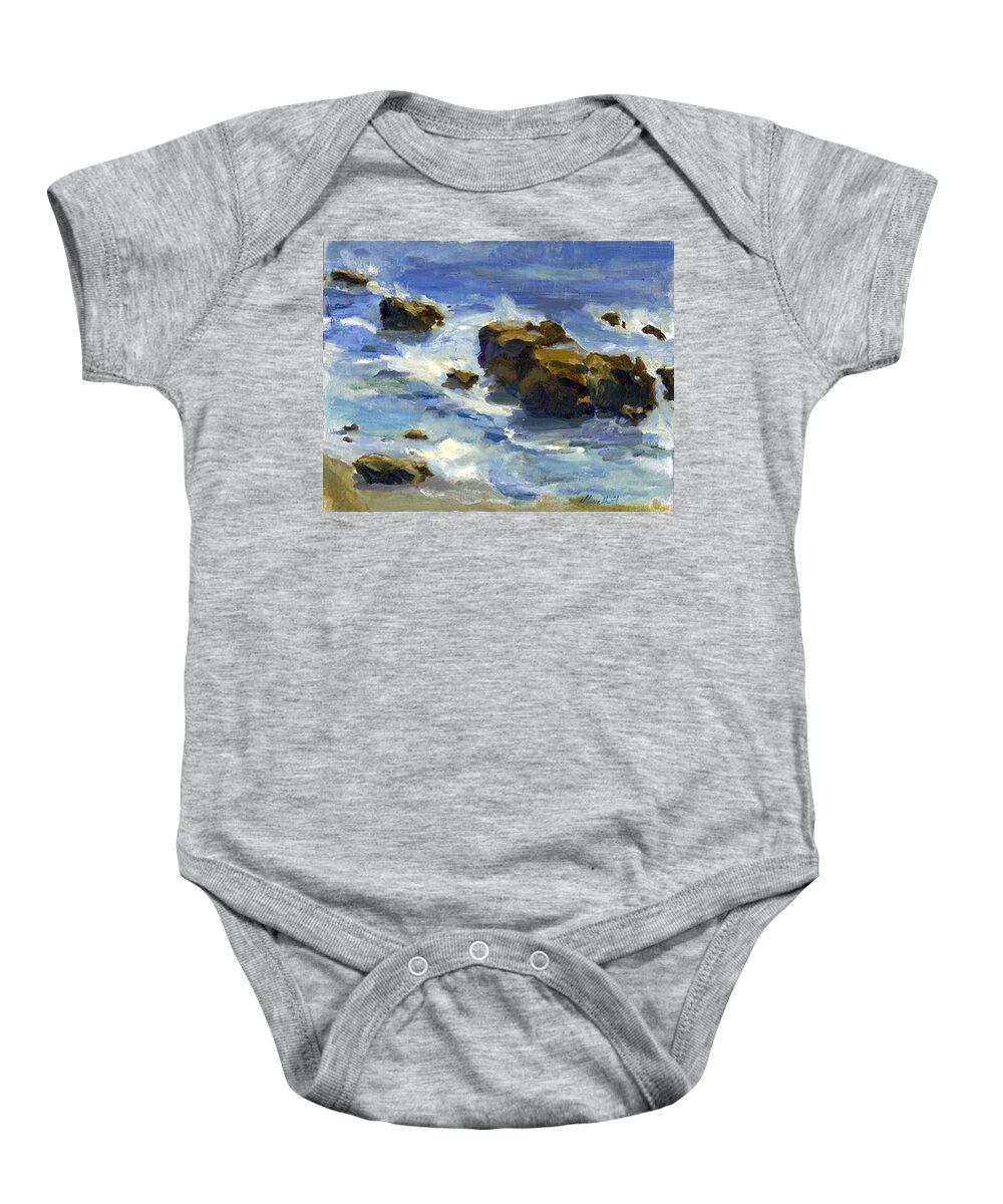 Waves Baby Onesie featuring the painting Soothed By The Sea... by Maria Hunt