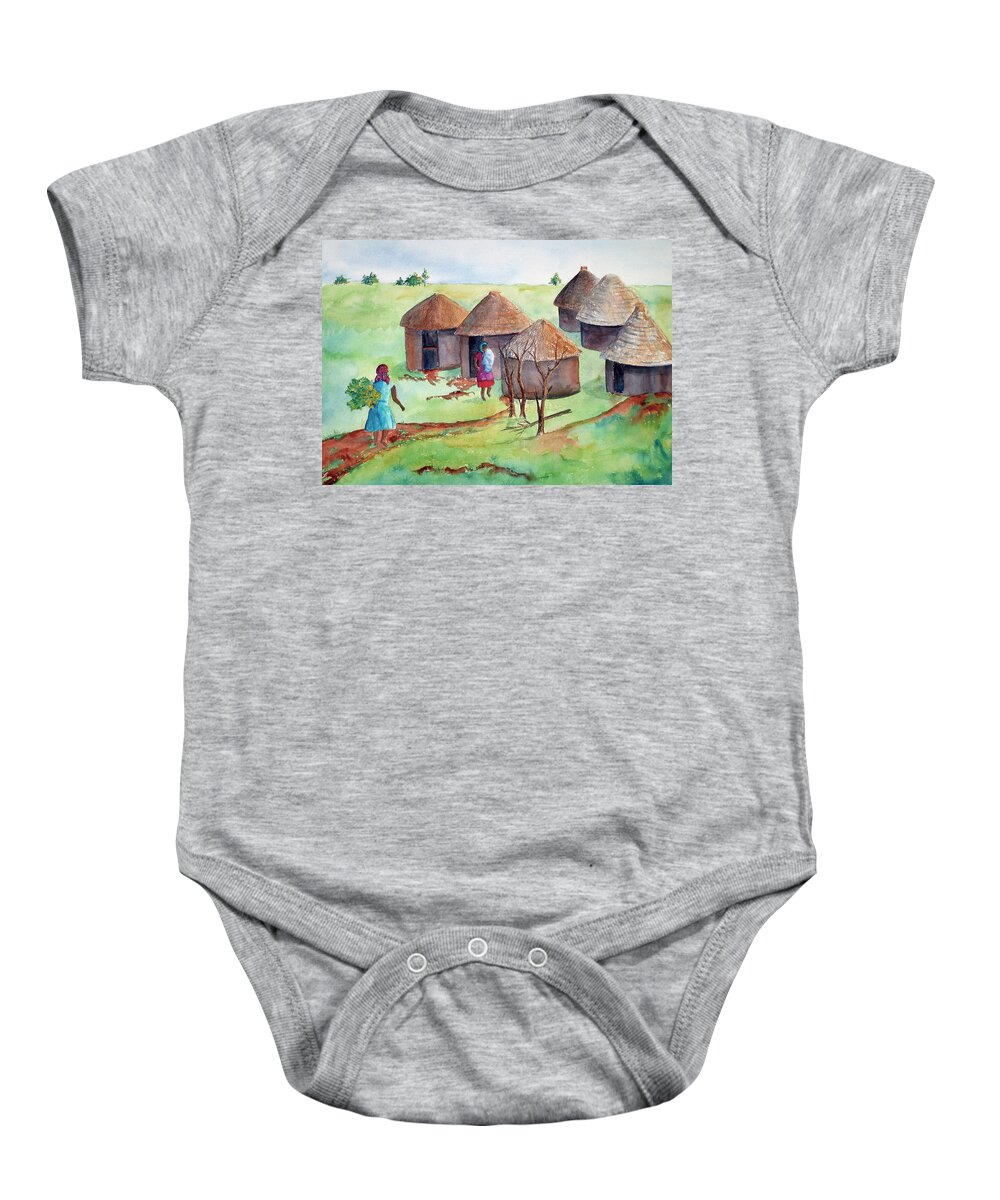 South Africa Baby Onesie featuring the painting South African Village by Patricia Beebe