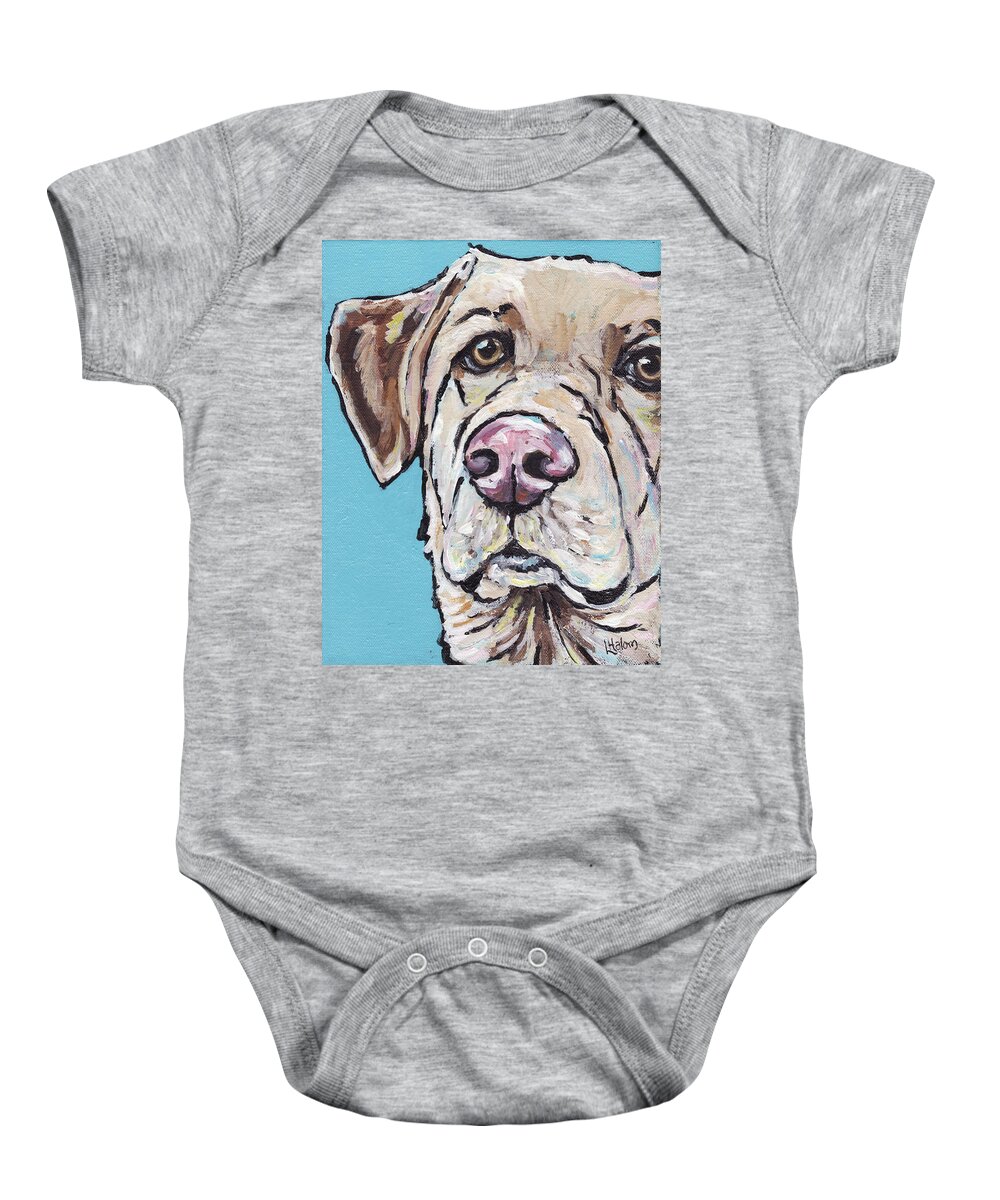 Yellow Lab Baby Onesie featuring the painting Spike by Greg and Linda Halom
