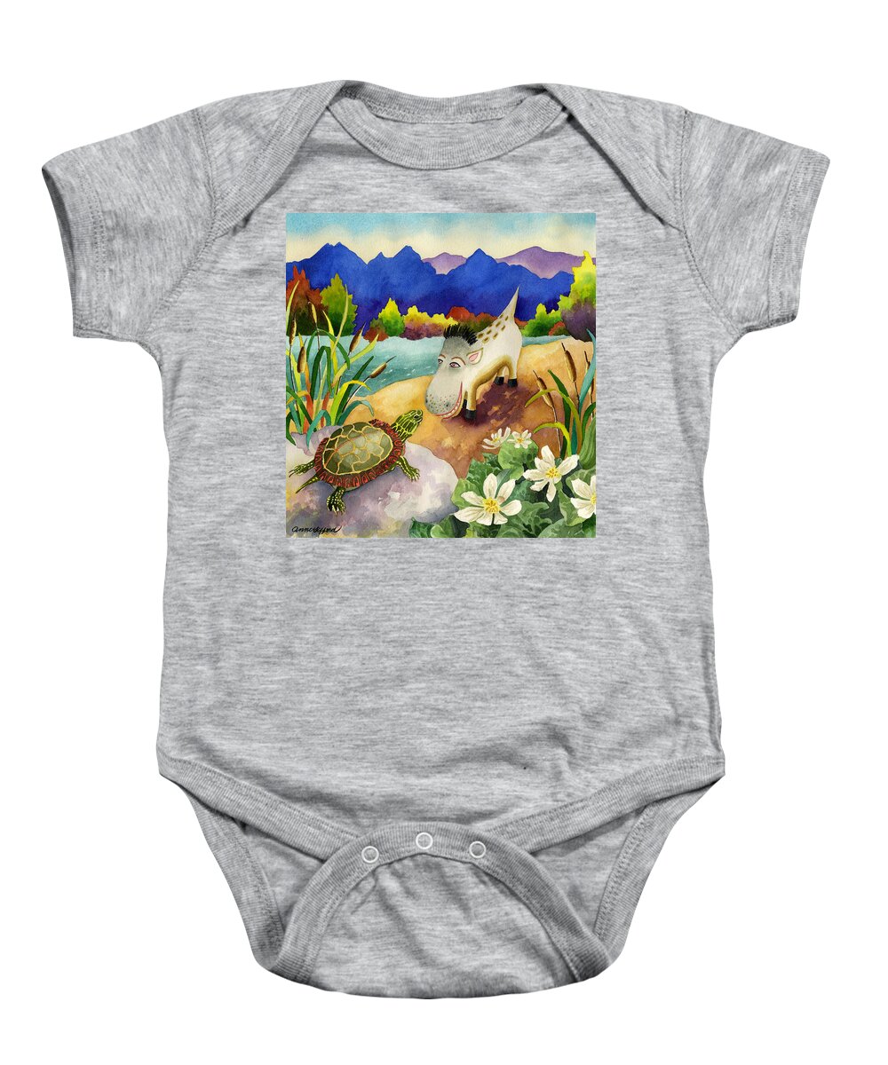 Spike The Dhog Painting Baby Onesie featuring the painting Spike the Dhog Comes Nose to Nose with a Painted Turtle by Anne Gifford