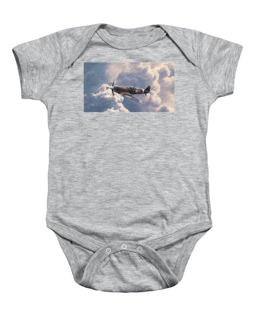 Adult Baby Onesie featuring the photograph Spitfire Plane Flying In Storm Cloud by Ikon Ikon Images
