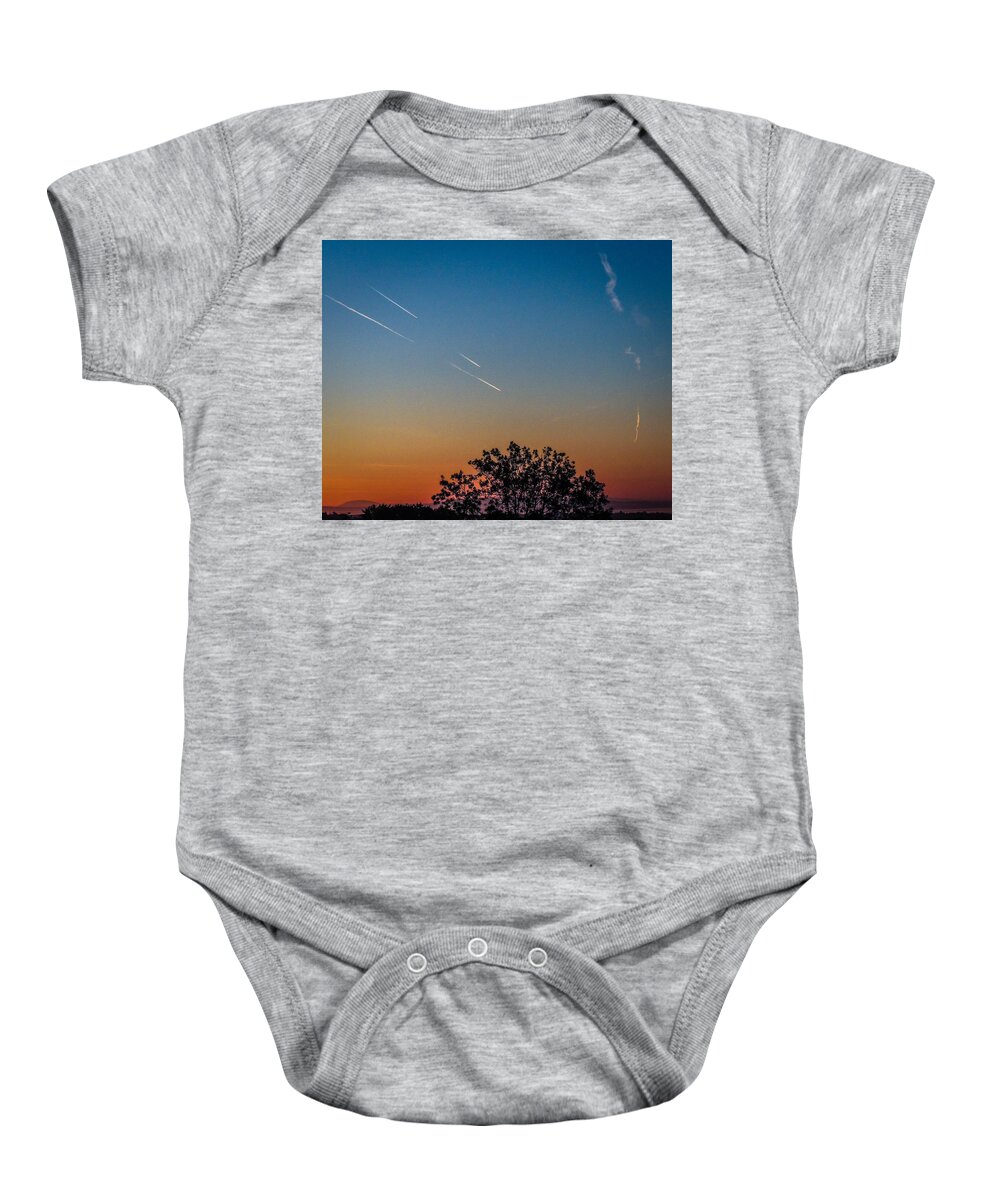 Jet Trails Baby Onesie featuring the photograph Squadron of Jet Trails over Ireland by James Truett