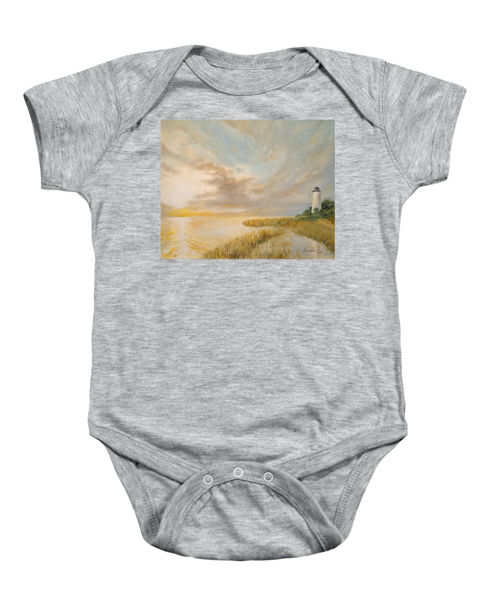 Seascape Baby Onesie featuring the painting St Marks Lighthouse by Alan Lakin