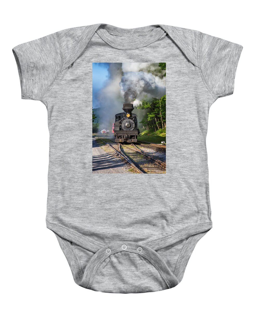 Cass Scenic Railroad Baby Onesie featuring the photograph Steam Engine rolling smoke by Mary Almond
