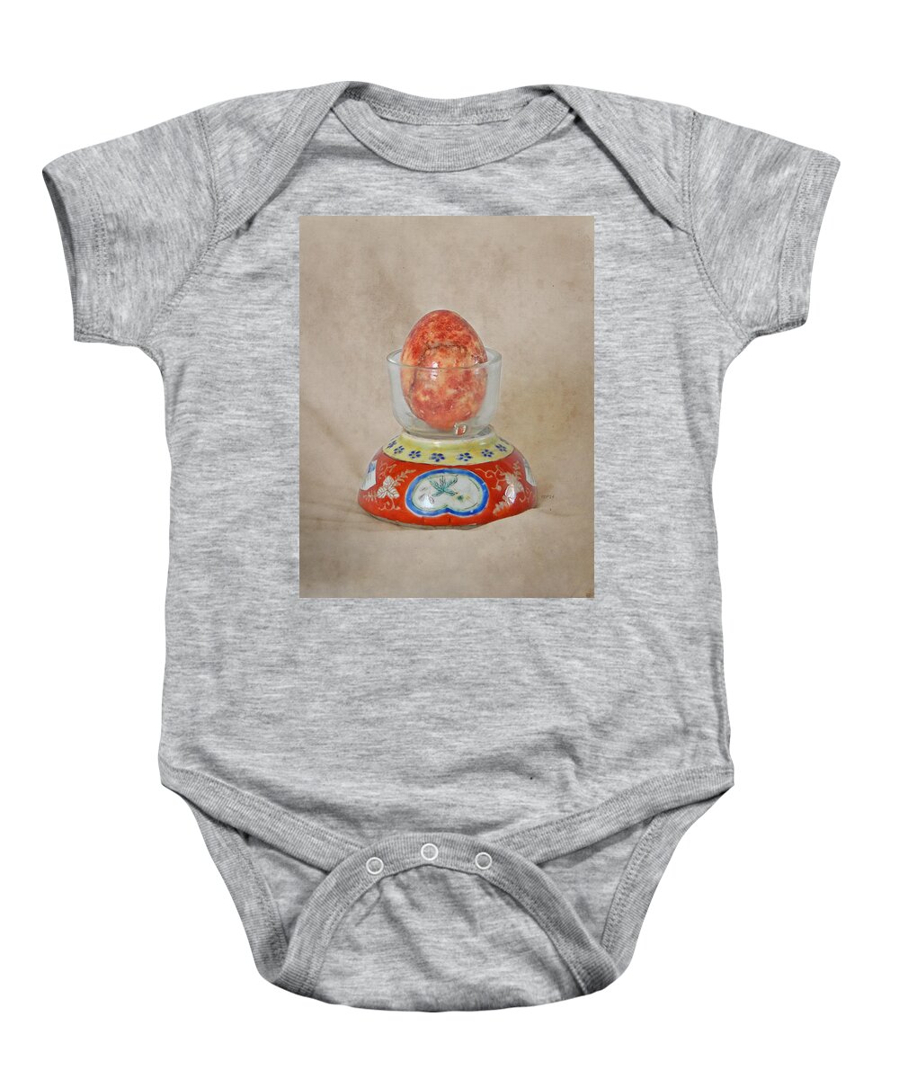 Photography Baby Onesie featuring the photograph Stone Egg And China by Phil Perkins