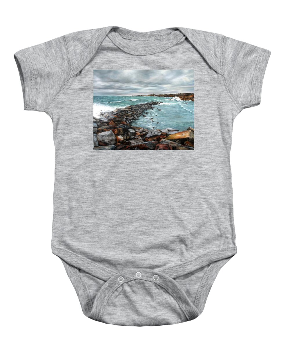 Rockport Baby Onesie featuring the painting Storm in Rockport Harbor by Eileen Patten Oliver