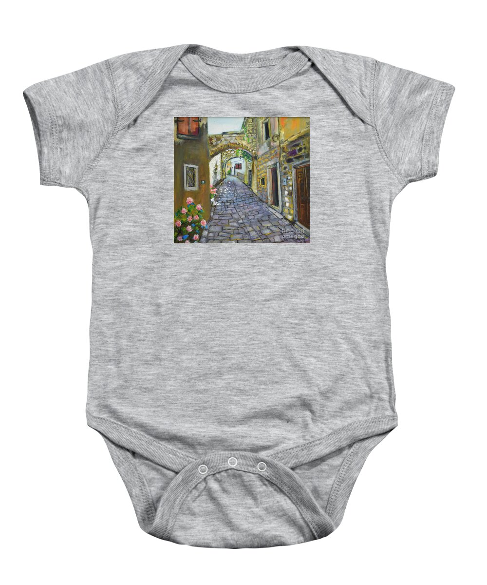 Raija Merila Baby Onesie featuring the painting Street View In Pula by Raija Merila