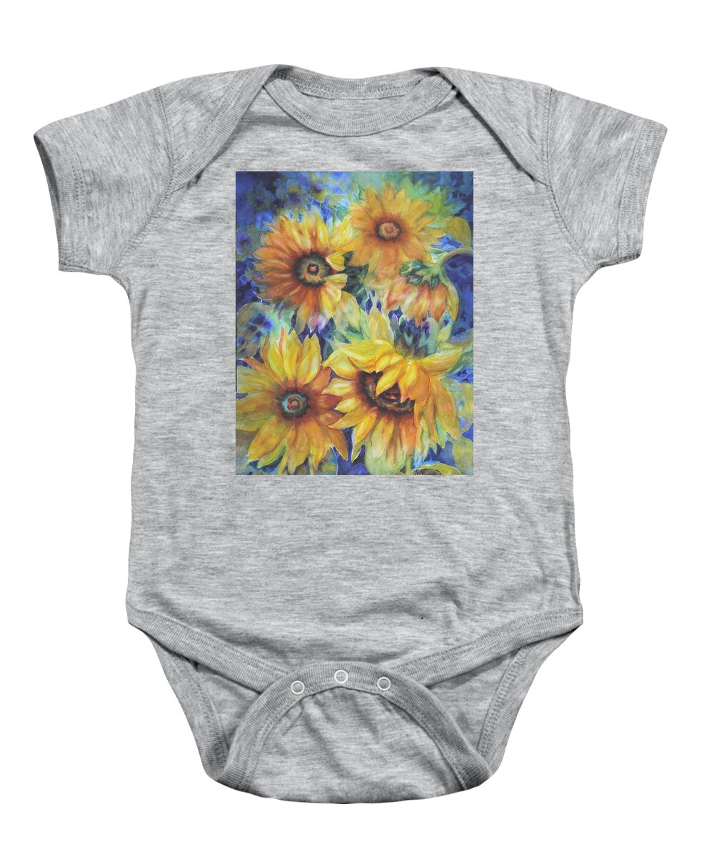 Sunflowers Baby Onesie featuring the painting Sunflowers on Blue I by Ann Nicholson