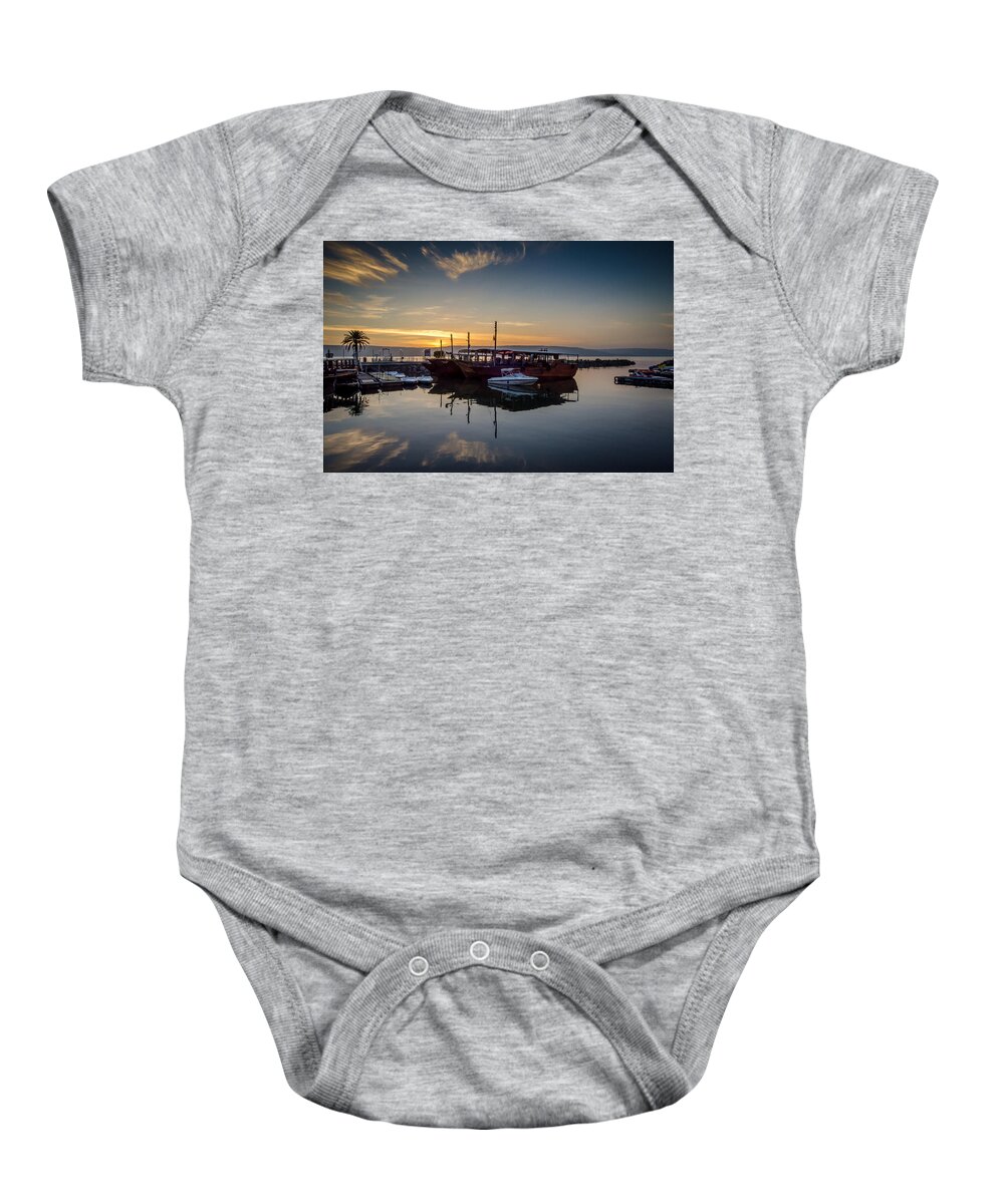 Israel Baby Onesie featuring the photograph Sunrise over the Sea of Galilee by David Morefield
