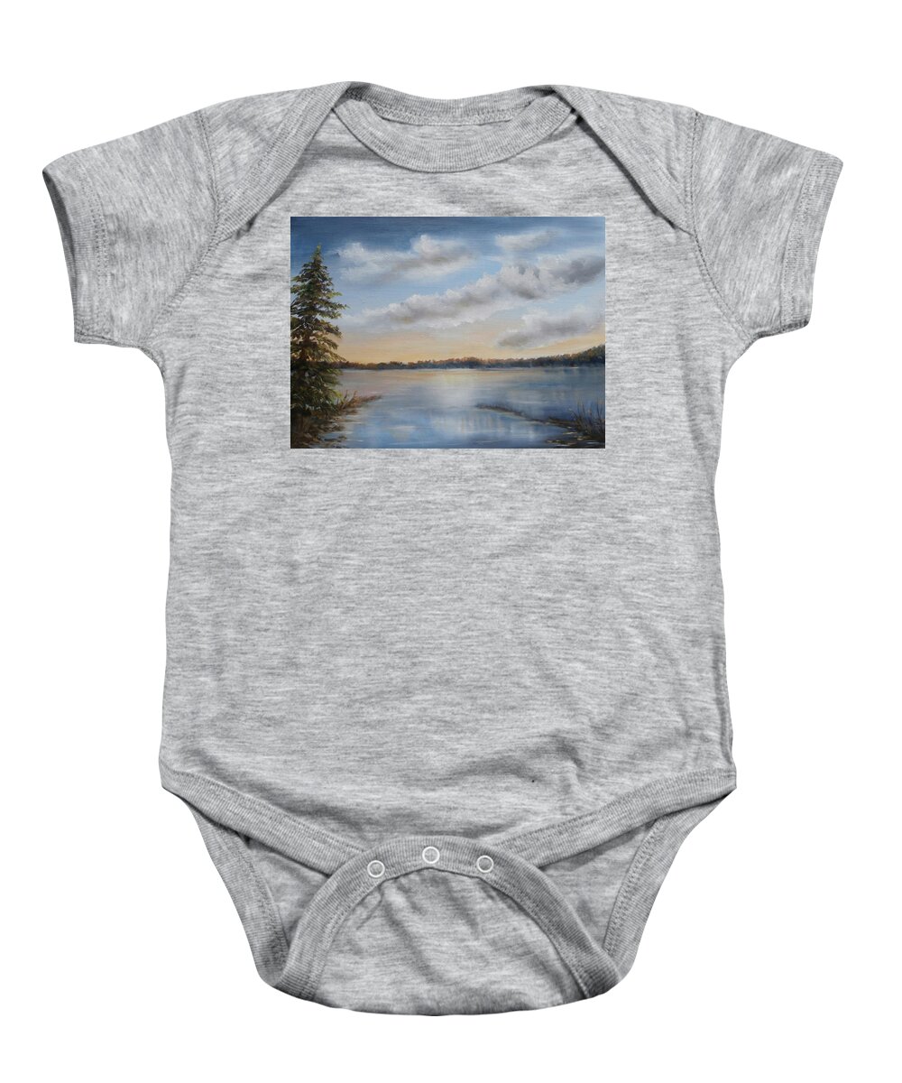 Seascape Baby Onesie featuring the painting Sunset at Sparta Lake New Jersey by Katalin Luczay