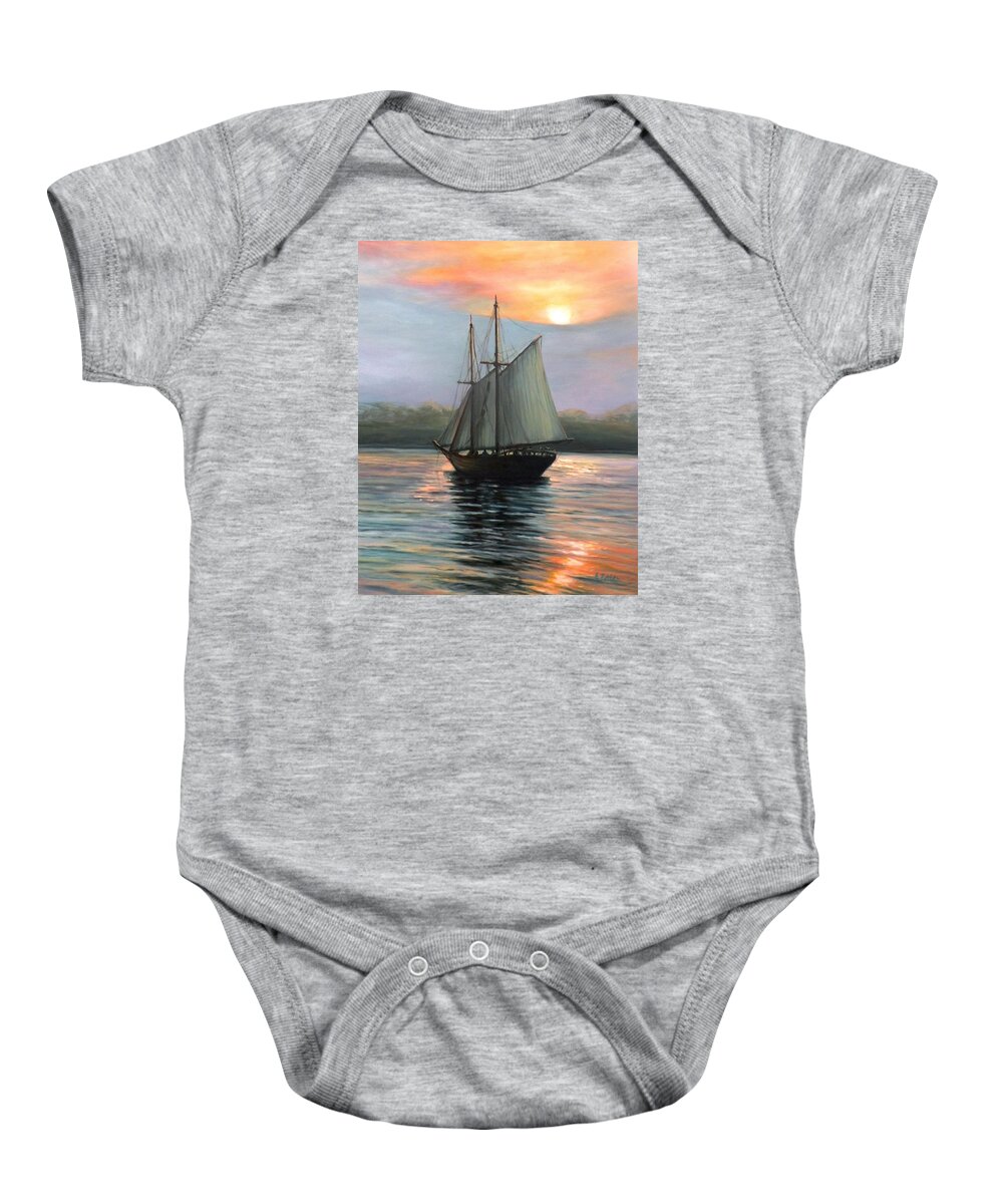 Schooner Baby Onesie featuring the painting Sunset Sails by Eileen Patten Oliver